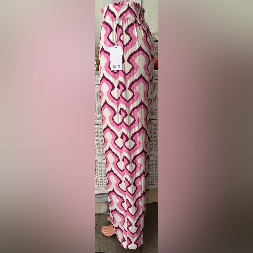 Rose & Olive Resort wide leg Pants high waisted - Pink & White colors Size S NWT - Picture 2 of 12
